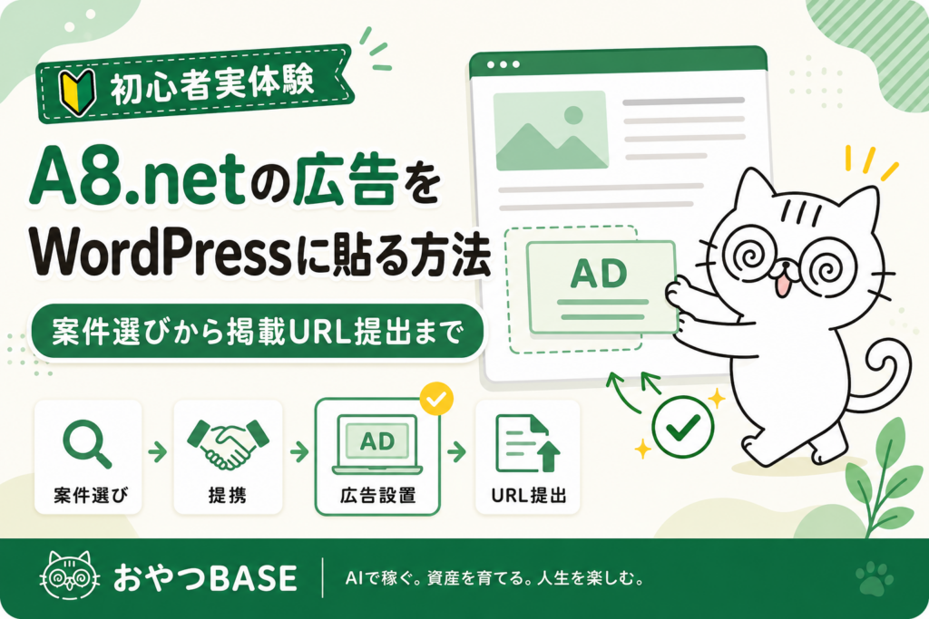 A8.netの広告をWordPressに貼る方法を解説したおやつBASEのアイキャッチ