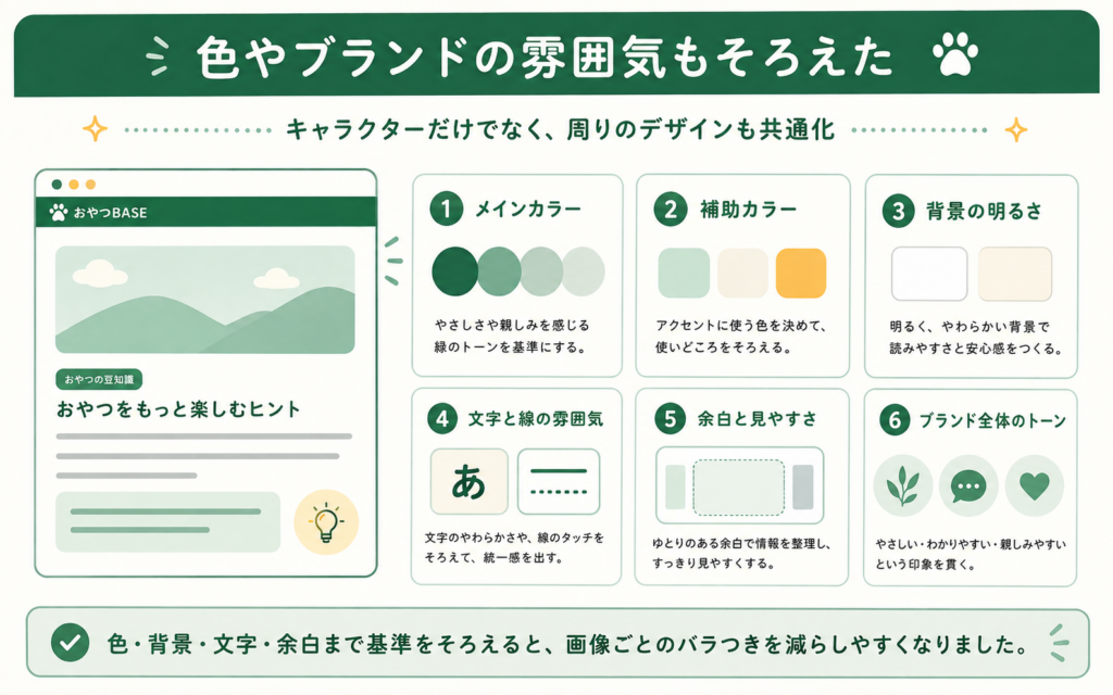 キャラクター画像の色・背景・文字・余白などブランド全体の雰囲気をそろえるための概念図