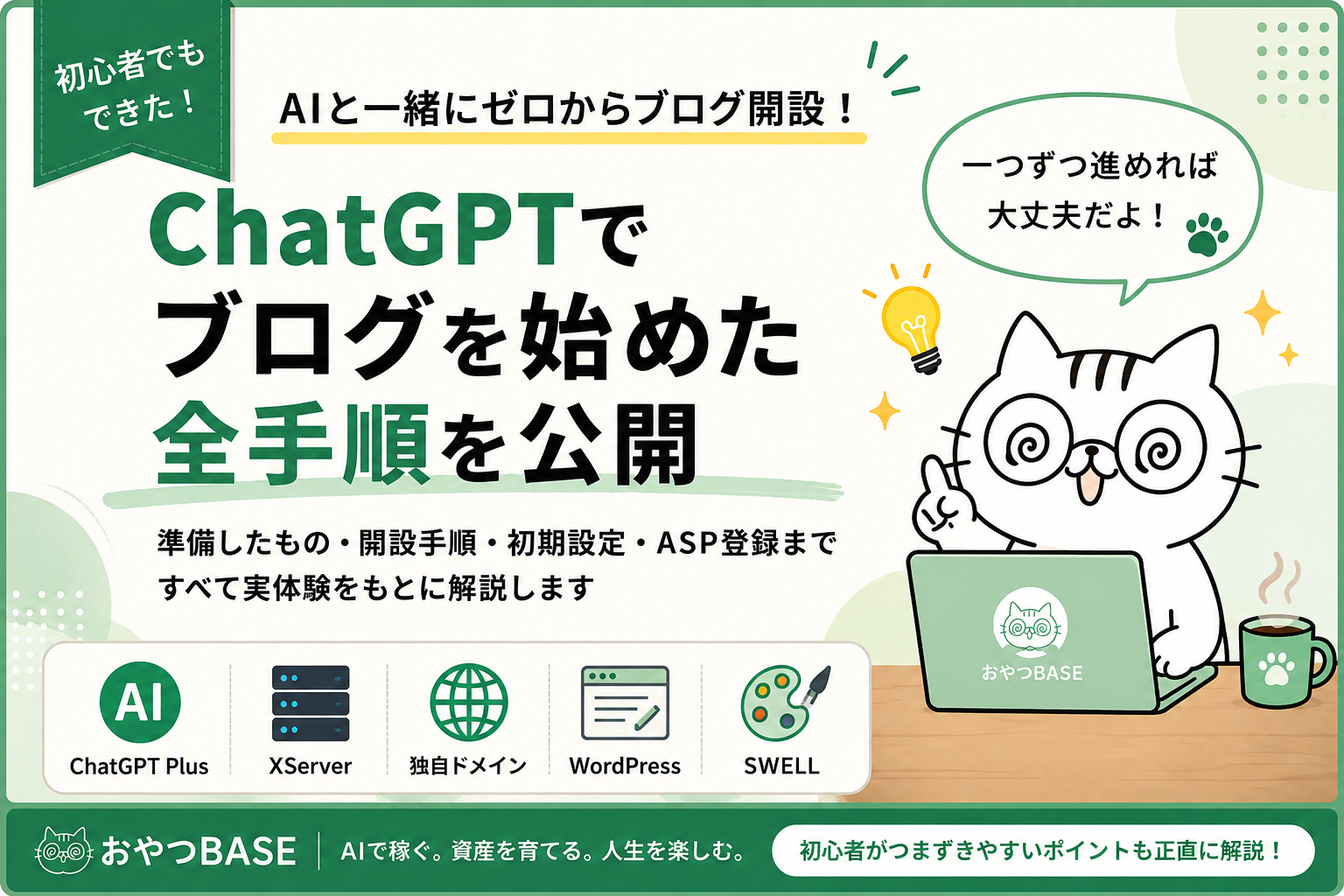 ChatGPTを使ってWordPressブログを始める方法を、開設手順・初期設定・ASP登録まで初心者向けに解説するアイキャッチ