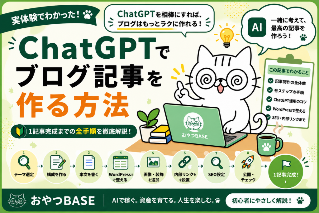 ChatGPTでブログ記事を作る方法を解説するおやつBASEのアイキャッチ
