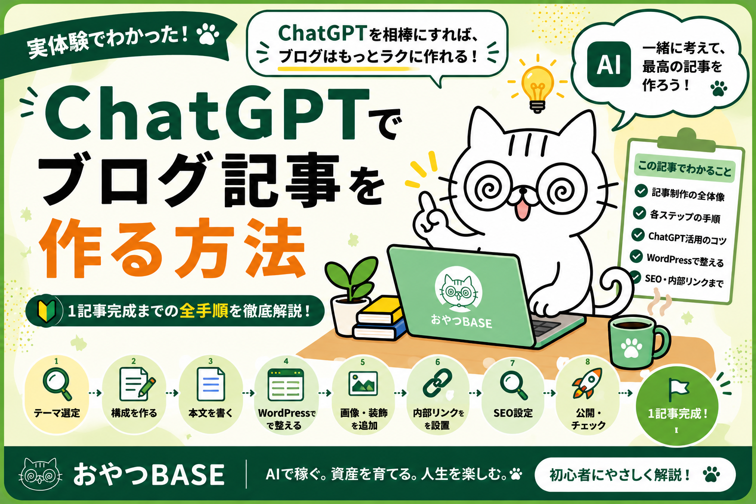 ChatGPTでブログ記事を作る方法を解説するおやつBASEのアイキャッチ