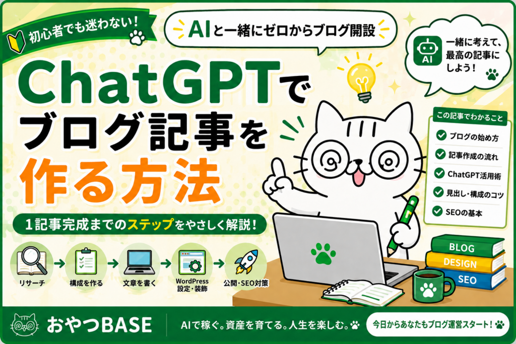 ChatGPTでブログ記事を作る方法と1記事完成までの流れを紹介するアイキャッチ画像