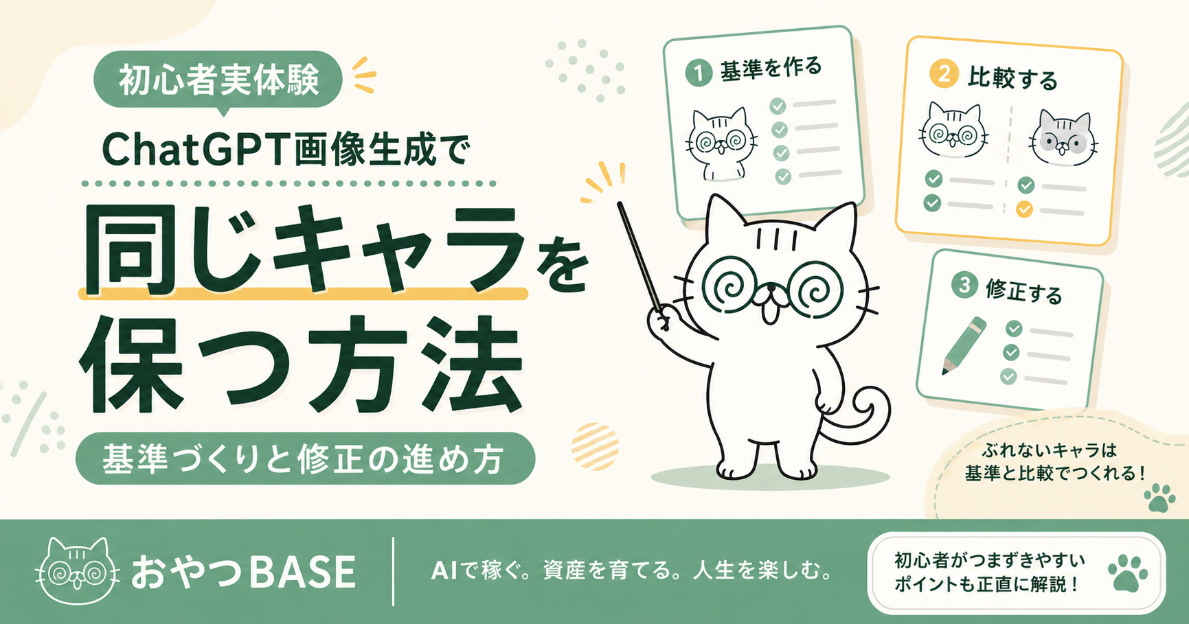 ChatGPT画像生成で同じキャラを保つ方法と基準づくり・修正の進め方を解説する記事のアイキャッチ画像