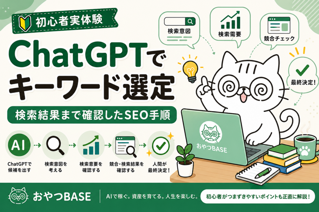 ChatGPTでSEOキーワードを選定する手順を解説したおやつBASEのアイキャッチ