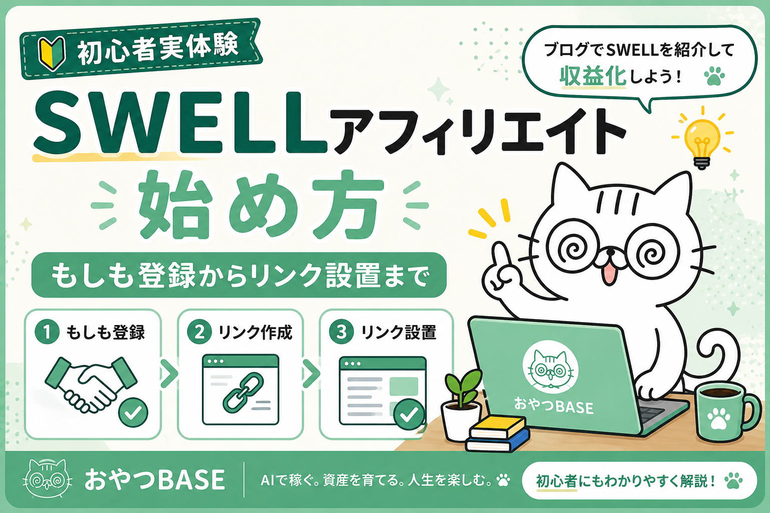 SWELLアフィリエイトの始め方を、もしも登録からリンク設置まで解説するおやつBASEのアイキャッチ