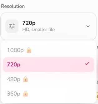 Free版の解像度選択欄。720pが選択され、1080pにロックが表示されている
