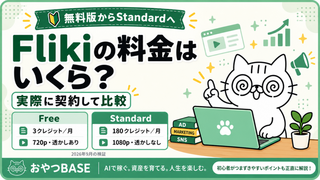 Flikiの料金をFreeとStandardで比較。月3と180クレジット、720p透かしありと1080p透かしなしの違い