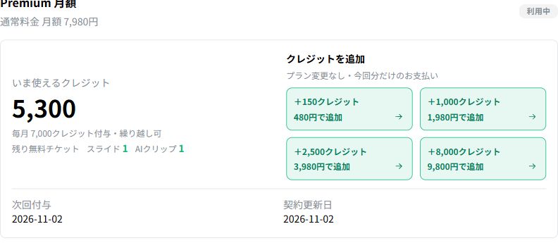 NoLangのPremium月額プランの契約画面。通常価格7,980円、毎月7,000クレジット、次回更新日2026年11月2日の表示